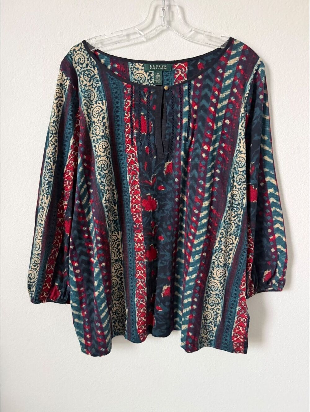 Lauren Ralph Lauren 3/4 Sleeve Keyhole Round Neck Striped Boho Blouse Size 2X